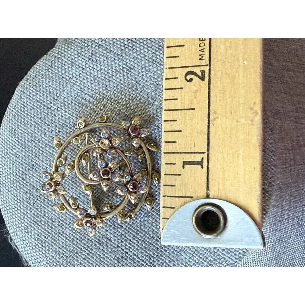 Vintage Signed Monet Gold Tone Multicolored Rhinestone Swirl & Floral Brooch Pin